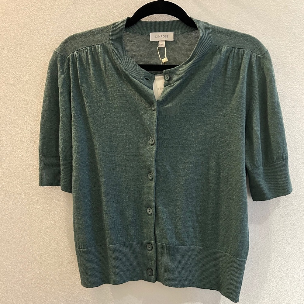 Kinross Green Linen Knit Cardigan with Pleated Details, Size XS
